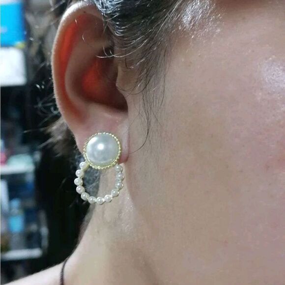 Gold white pearl earrings dainty casual or formal hoop stud small 💖2/$30 - Picture 7 of 14